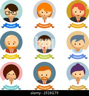 Variety Office Cartoon Character Avatars with Ribbons  Isolated on White Background. Stock Vector