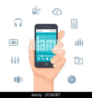 Hand holding a mobile MP3 player with a list of tunes on the display and surrounded by assorted music and entertainment icons for apps   vector illust Stock Vector