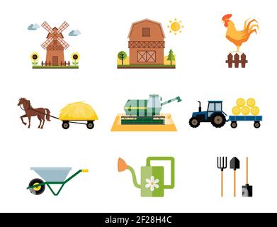 vector colored farm and farming icons in flat style Stock Vector
