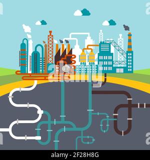 vector illustration of a factory for manufacturing products or refinery plant for processing natural resources with a network of attached pipes for di Stock Vector