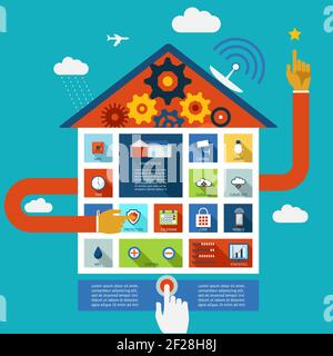 Vector display panel to control a smart house for humidity  security and lighting with a person activiting a button on the interface shaped in the for Stock Vector