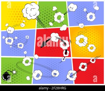 Comic book page Mock-Up with explosions, clouds and arrowss Stock Vector
