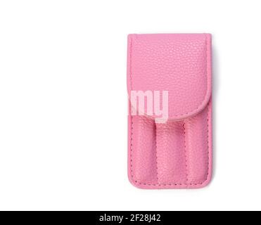 Pink leather case for manicure set isolated on white background Stock Photo
