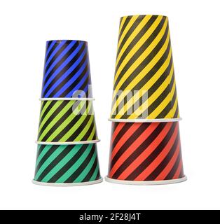 Stack of paper disposable striped cups isolated on white background Stock Photo