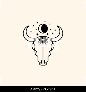 Mystical cow skull logo with moon and stars in a trendy minimal linear style. Vector emblem symbol of witchcraft Stock Vector