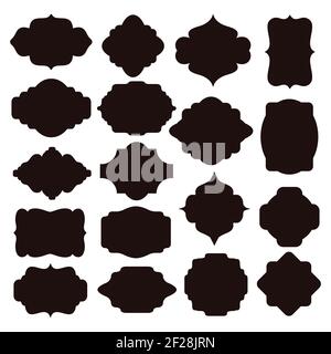 Large set of vector black silhouette frames or cartouches for badges in ornate classical curved and rounded symmetrical designs and shapes Stock Vector
