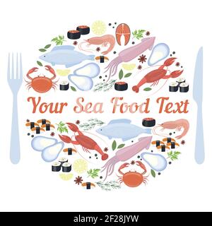 vector sea food label with fork and knife on white background Stock Vector