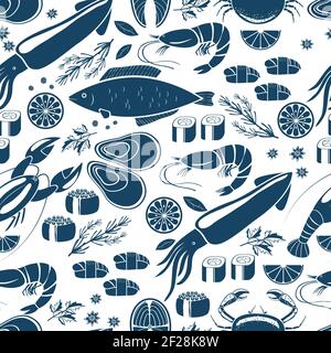 Fish  sushi and seafood seamless background patter in blue and white vector icons of calamari  lobster  crab  sushi  shrimp  prawn  mussel  salmon ste Stock Vector