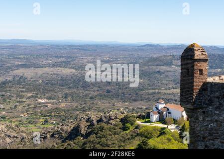 Landscape mountains and Convento de Nossa Senhora da Estrela Church and castle tower around Marvao in Alentejo, Portugal Stock Photo