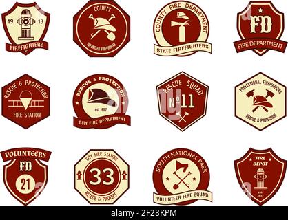 Fire department logo and badges set. Symbol protection, shield emblem, axe and fireman, hydrant and helmet. Vector illustration Stock Vector