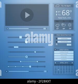 UI transparency flat design of web elements. Setting and website menu, weather and control, account and data, webpage and video player. Vector illustr Stock Vector