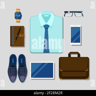 Modern businessman gadgets and accessories outfit. Tablet and business, glasses and stylish pen, vector illustration Stock Vector