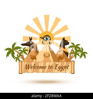 Egypt travel poster element. Pyramid and sun, sphinx and pharaoh, vector illustration Stock Vector