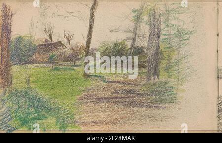 Gezicht op een pad.View of a path. Left and right trees. Links in the distant buildings. Leaf 5 Verso from a sketchbook with 45 sheets. Stock Photo