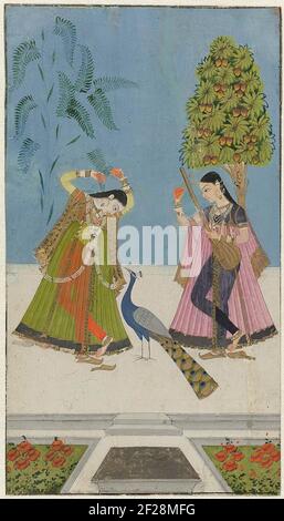 Twee vrouwen en een pauw, Gujara Ragini.Two women are each under a tree. The judge votes the Tanpura under a fruit-bearing mango tree. The left holds at the sprig of a tree, while watching a peacock. Stock Photo