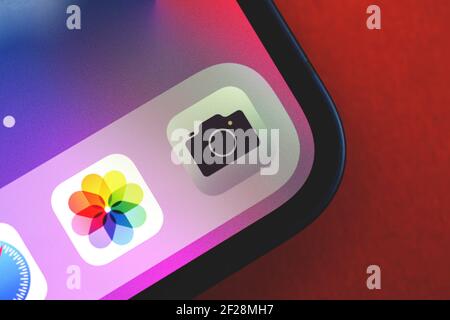 Kharkov, Ukraine - March 9, 2021: Camera app close-up on Apple iPhone screen Stock Photo