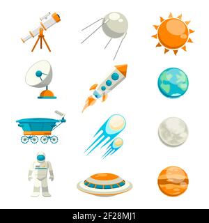 Vector flat space icon set. Satellite and astronomy, planet exploration, astrology station Stock Vector