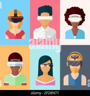Flat vector head-mounted displays icon set. Virtual and augmented reality gadgets. Glass and gaming cyber application innovation Stock Vector