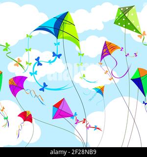 Kites and sky with clouds horizontal seamless background. Toy and play,  wind and game, sky and freedom Stock Vector