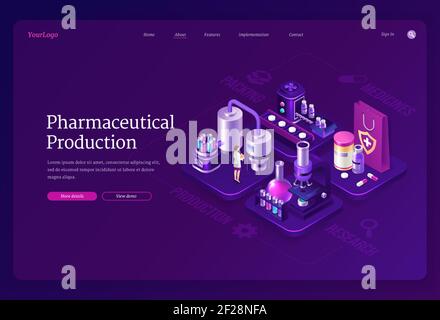 Pharmaceutical production isometric landing page, woman scientist in robe stand in medical laboratory near conveyor belt with huge flasks, drugs, microscope and medicine pills 3d vector web banner Stock Vector