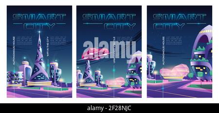 Smart city posters with night town with skyscrapers, futuristic buildings and car. Vector flyer of future city infrastructure with unmanned vehicle, autonomous houses and wifi Stock Vector