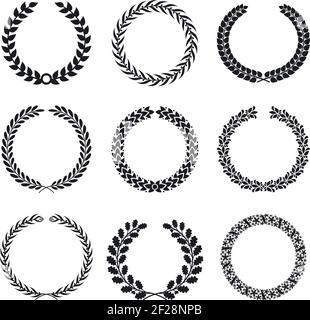 Black silhouettes of circular laurel foliate and wheat wreaths. Victory element,  peace and winner, quality collection sign. Vector illustration Stock Vector