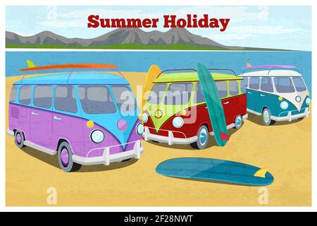 Summer travel design with surfing camper van. Car retro and vintage vehicle transportation, beach vacation, sand and coast, vector illustration Stock Vector