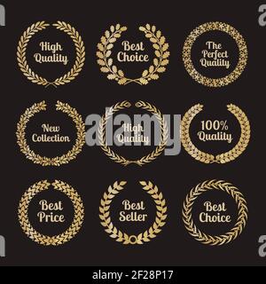 Premium quality laurel wreaths in retro style. Badge sign golden, award and golden. Vector illustration Stock Vector