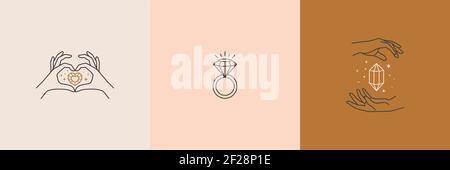Set of jewelry logo design templates in trendy linear and minimal style. Vector emblems Stock Vector