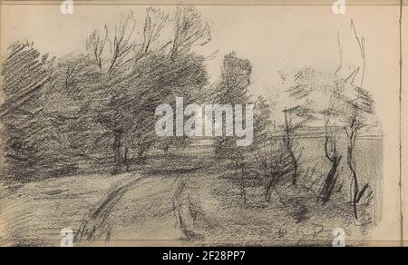 Gezicht op een pad.View of a path along which trees and shrubs are located. Leaf 22 Verso from a sketchbook with 45 sheets. Stock Photo