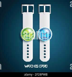 Modern watches collection with gray leather belts green and blue dials on dark background isolated vector illustration Stock Vector
