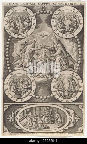 Kroning van Maria; Salve Regina, Mater Misericordiæ.Maria is crowned in heaven by the trinity. Christ and God's father put the crown on her head. The performance is caught in a bead frame. In every corner a medallion with scenes of the prophets, the apostles, martyrs and the church fathers. In the cartouche down the worship of Maria and the Christ child by the H. Catharina, the H. Agnes and other saints. Stock Photo