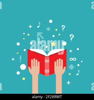 hands hold red open book isolated on blue. Flat reading icon. Vector illustration. Education, study, advanced training. Knowledge, expert, skills Stock Vector