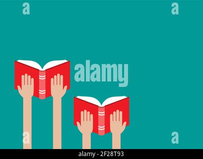hands hold red open book isolated on blue. Flat reading icon. Vector illustration. Education, study, advanced training. Knowledge, expert, skills Stock Vector