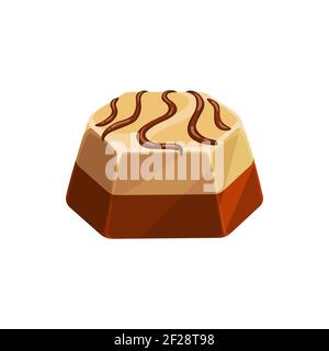 Chocolate candy isolated icon, vector sweet dessert confection. Chocolate candy comfit of white and dark chocolate with caramel topping, confectionery Stock Vector