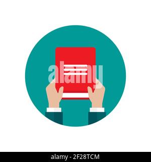Businessman hands hold red open book in blue circle. Flat reading icon. Vector illustration. Education, study, advanced training. Knowledge, expert, s Stock Vector