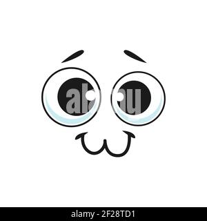 Uncertain emoticon face with curved closed mouth isolated kind emoji icon. Vector puzzled or confused emoticon with big eyes. Astonished smiley gestur Stock Vector