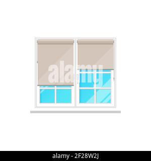 Window curtains or roller blinds or roll shutters, vector flat isolated icon. Window frame interior with night drape folds or roller drapery shades of Stock Vector