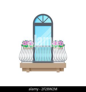 Balcony window with classic fence or old railing, vector vintage building architecture. House balcony facade with banister, flat modern exterior with Stock Vector