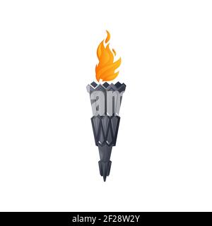 Torch fire flame, Medieval burning lantern, vector icon. Torch in stone pipe stick, fire lantern or burning flambeau and torchlight, ancient lamp and Stock Vector
