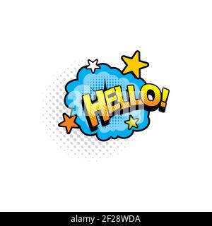 Pop art comic cloud, hello chat message isolated cartoon sticker tag with stars. Vector Hallo Hullo boom bang cloud bubble, retro style salute greet. Stock Vector