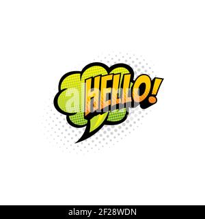 Cloud speech bubble hello phrase in boom bang balloon chat message isolated comic pop art retro style salute greet. Vector halftone high greet, positi Stock Vector