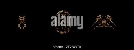 Set of gold jewelry logo design templates in trendy linear and minimal style. Vector emblems Stock Vector