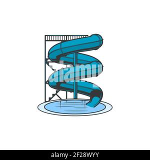 Water slide isolated waterpark wavy slider and pool icon. Vector tunnel slider with ladder or stairs, spiral pipe aquapark attraction. Flume or water Stock Vector
