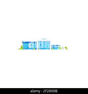 Airport glass building facade and modern hotel isolated icon. Vector air passenger plane, public bus and taxi. Terminal and airliner, skyline futurist Stock Vector
