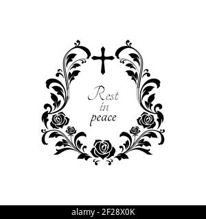 Rest in peace grief with crucifix cross, floral ornament with flowers and leaves isolated funeral lettering. Vector condolence message on gravestone, Stock Vector