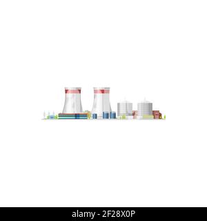 Nuclear power plant or thermal energy station, vector building, flat isolated factory. Nuclear power and atomic reactor factory with cooling towers or Stock Vector