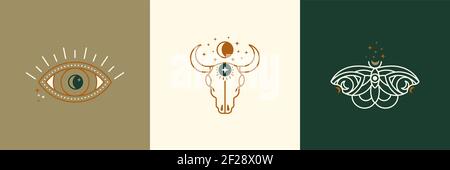 A set of mystical and esoteric logos in a trendy minimal linear style. Vector emblems butterfly, cow skull, eye, moon Stock Vector