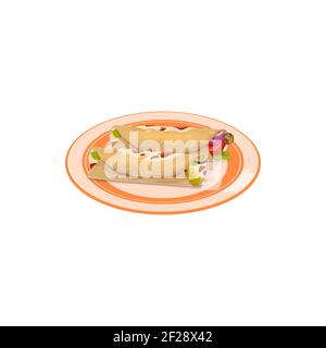 Burrito, grilled tortilla with meat and vegetables isolated mexican food on plate. Vector shaurma or shawarma street takeaway takeout dish. Spanish ro Stock Vector