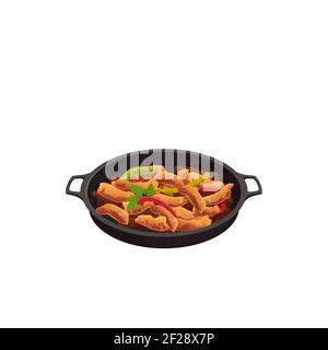 Grilled meat fajitas fried on pan isolated traditional mexican food dish. Vector chicken with onion and chili pepper, vegetables with meat in sauce. S Stock Vector